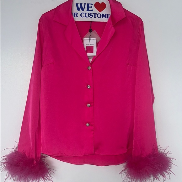 Gorgeous NADINE MERABI Taylor feather blouse w/rhinestone buttons. - Picture 4 of 13